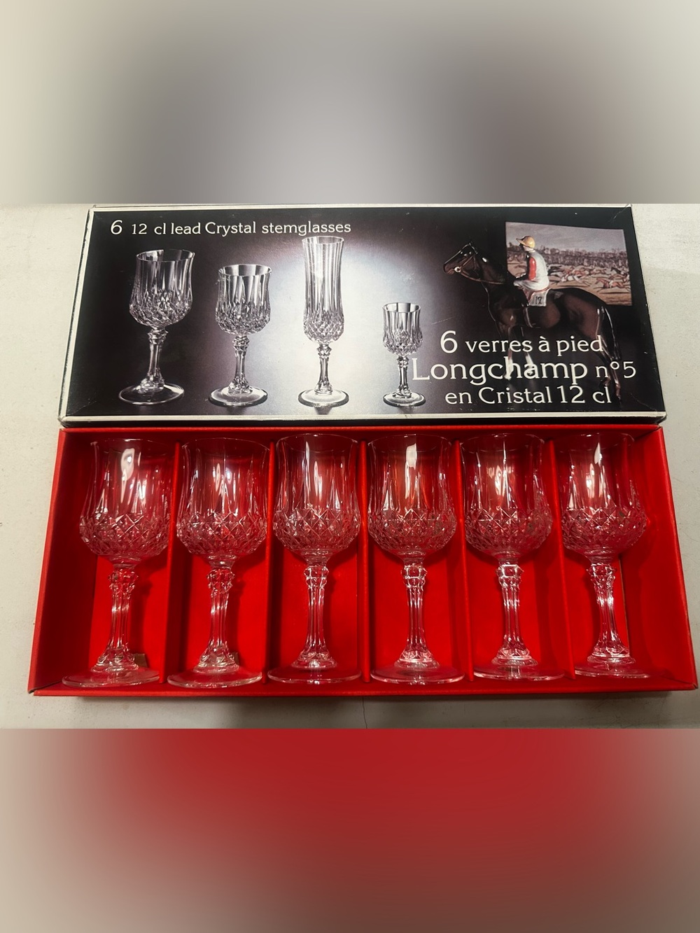 Longchamp Crystal Wine Glasses with Red Presentation Tray